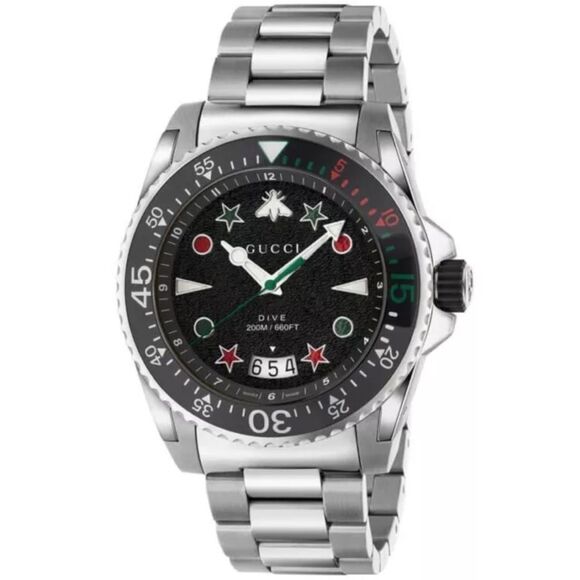 Men’s Gucci 46 mm dive XL Swiss quartz black dial watch stainless. YA136221. - Picture 1 of 12